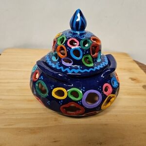 Vintage Mexican Talavera Hand-painted Clay Pottery Tealight Base with Lid